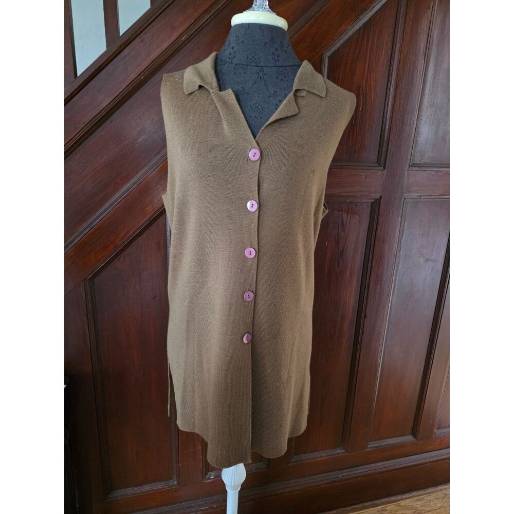 Vintage Paradox Wool Blend Sleeveless Knit Vest Camel Brown Pink Buttons Size M
